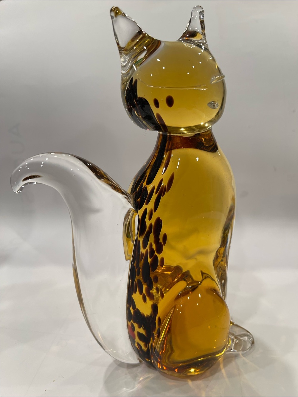 VINTAGE MURANO ART GLASS CAT STATUE FIGURINE AMBER BROWN w Dark SpotsCLEAR ITALY